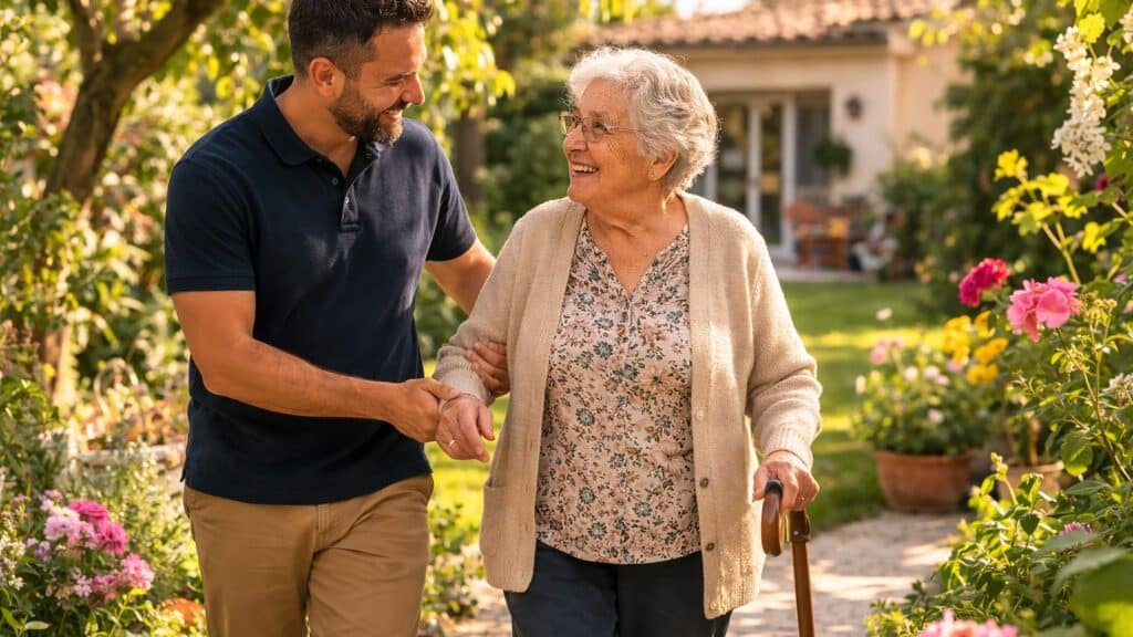Accompagnement d’une personne âgée lors d’une promenade dans un jardin