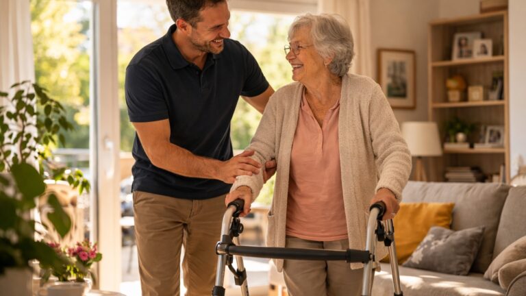 aide à domicile aidant une personne âgée à marcher avec un déambulateur
