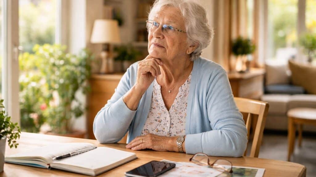Personne âgée réfléchissant au choix d’une aide à domicile