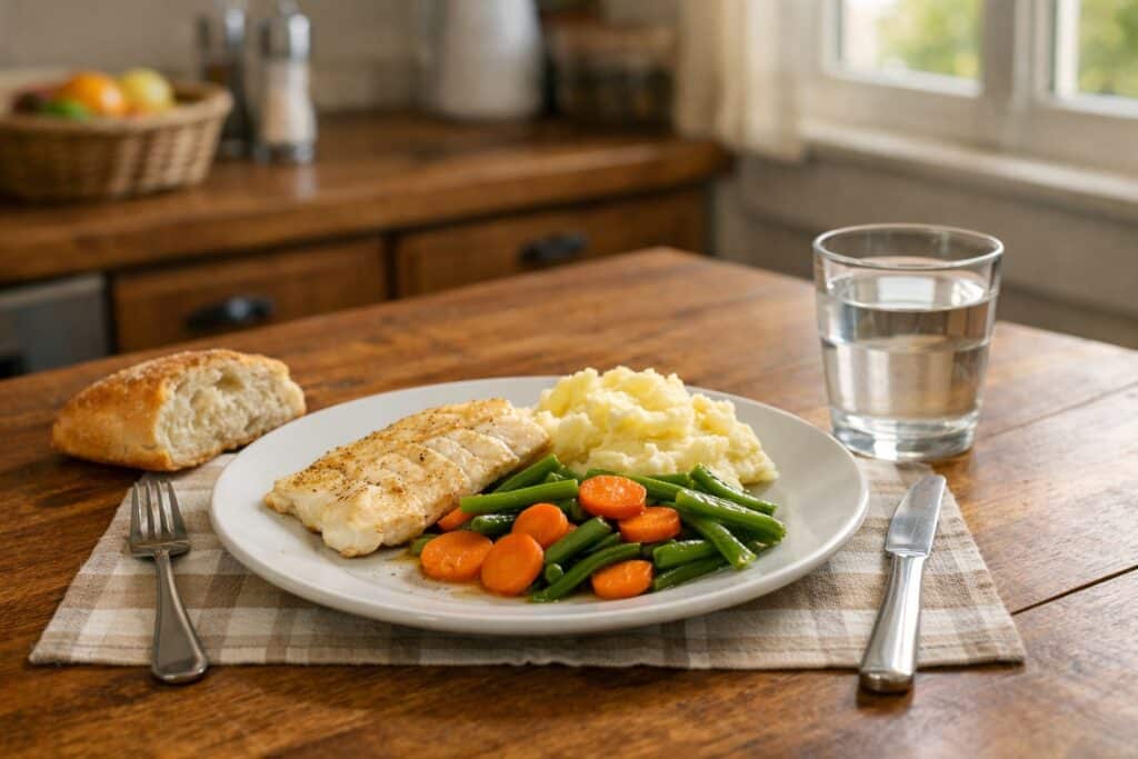 alt="repas simple et équilibré avec poisson, purée et légumes préparé à domicile pour une personne âgée"