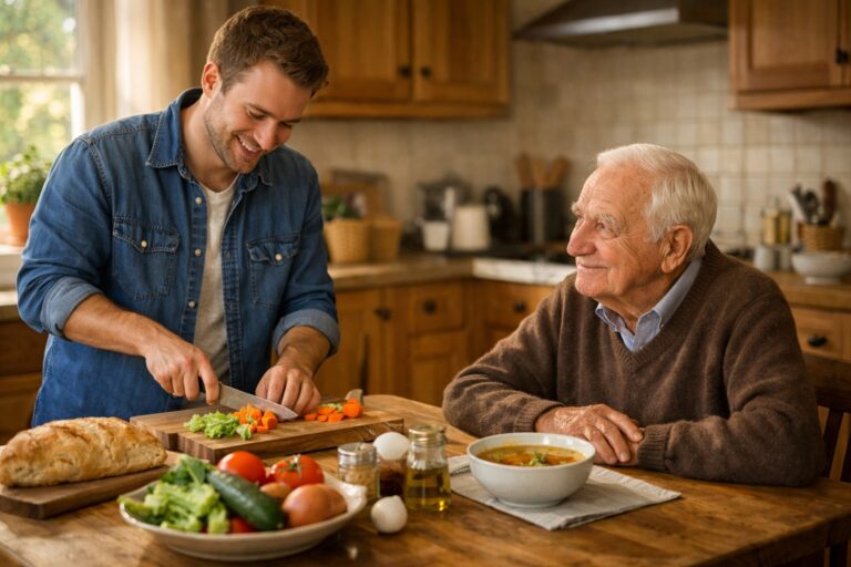 Aide à domicile préparant un repas pour une personne âgée à domicile