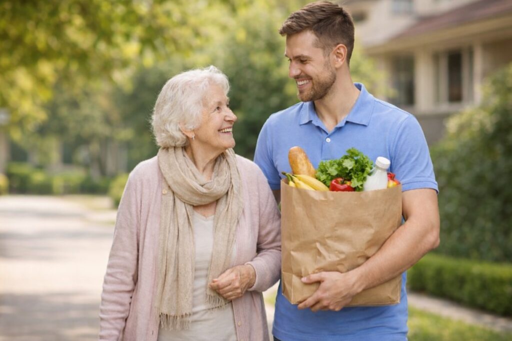 Aide à domicile portant les courses pour une personne âgée à Pechbonnieu