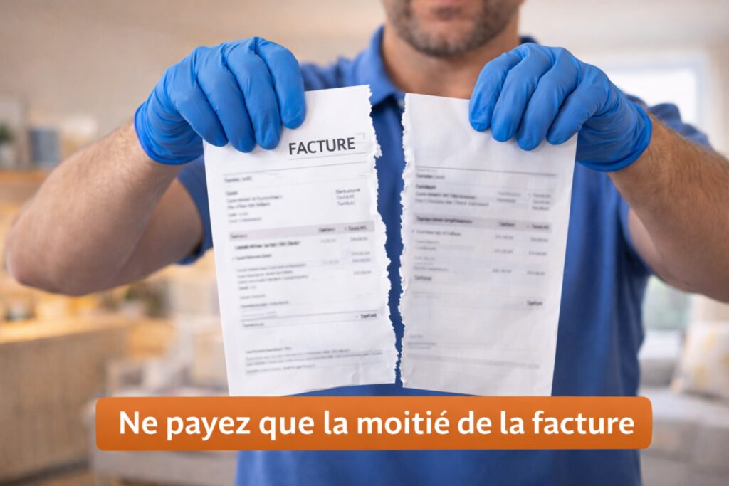 Professionnel du ménage déchirant une facture en deux pour illustrer le crédit d’impôt de 50 % sur les services à domicile.
