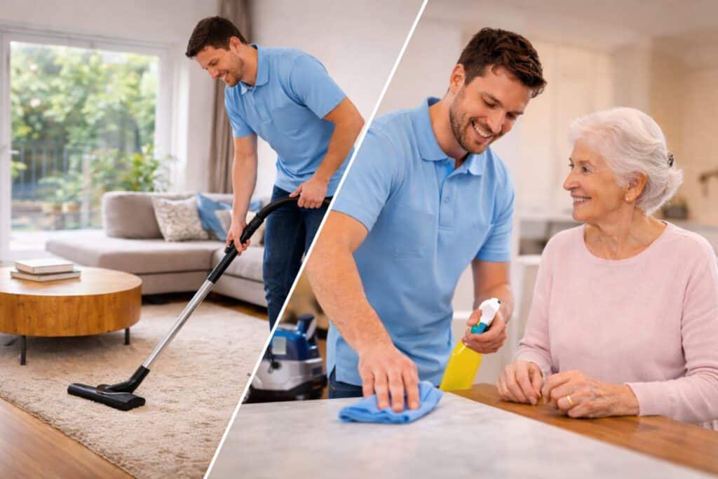Homme réalisant le ménage à domicile avec un aspirateur professionnel chez un particulier et une personne âgée à L’Union