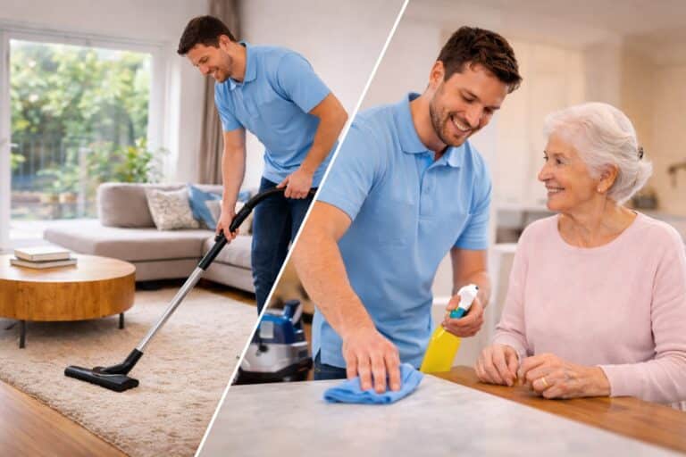 Homme réalisant le ménage à domicile avec un aspirateur professionnel chez un particulier et une personne âgée à L’Union