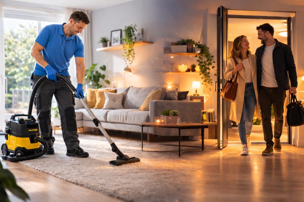 Homme de ménage professionnel aspirant un salon pendant qu’un couple rentre chez lui dans une maison propre.