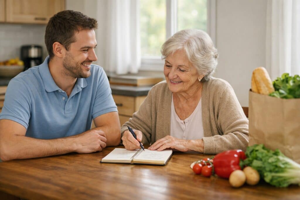 Aide à domicile organisant les courses avec une personne âgée à domicile