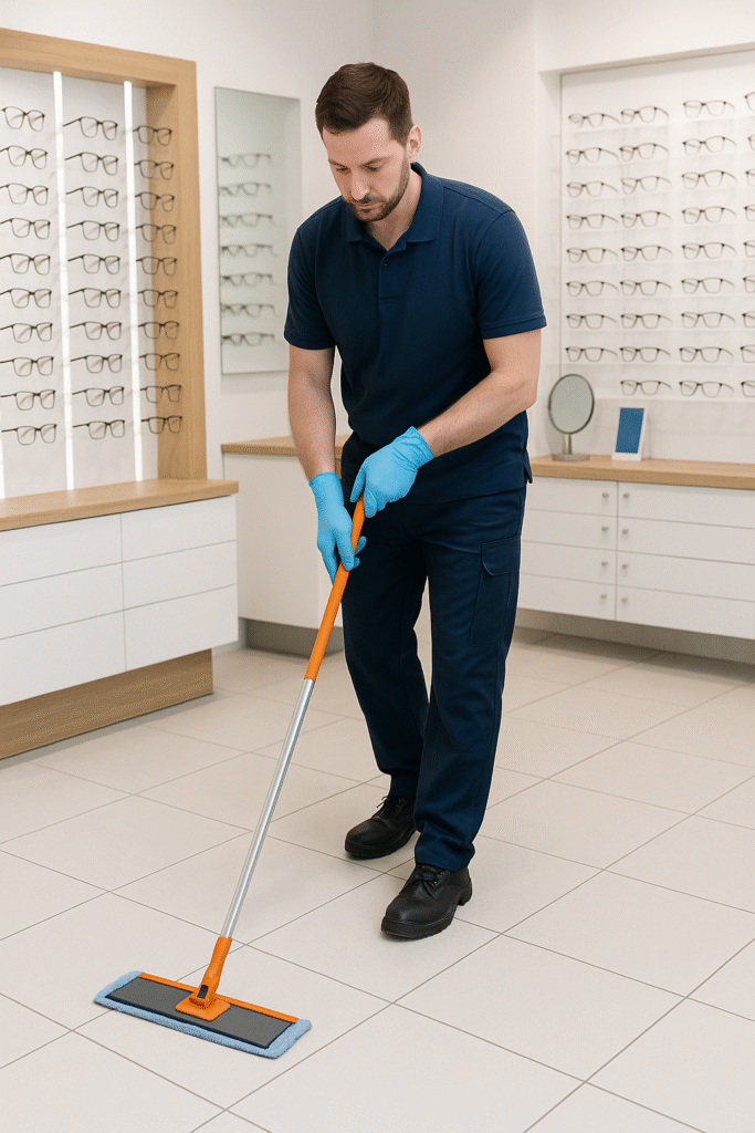 Services aux professionnels 9 Agent d’entretien ECR Prestations nettoyant le sol d’un magasin d’opticien à L’Union pour un entretien professionnel régulier
