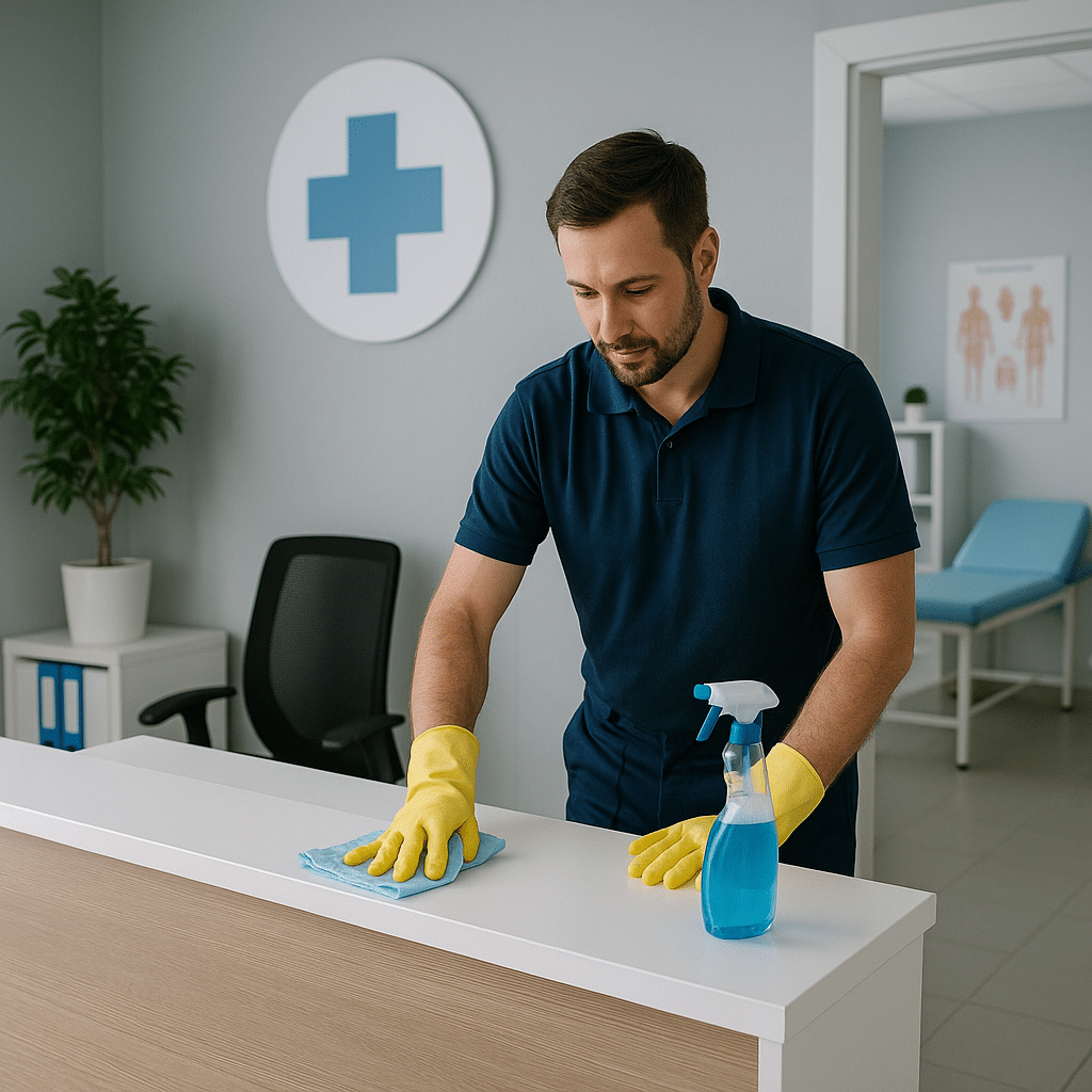 Services aux professionnels 7 Agent d’entretien ECR Prestations nettoyant le comptoir d’un cabinet médical à L’Union