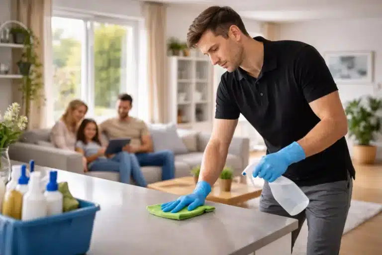 Aide à domicile à L'Union : professionnel du ménage nettoyant une cuisine pendant qu'une famille profite de son temps libre