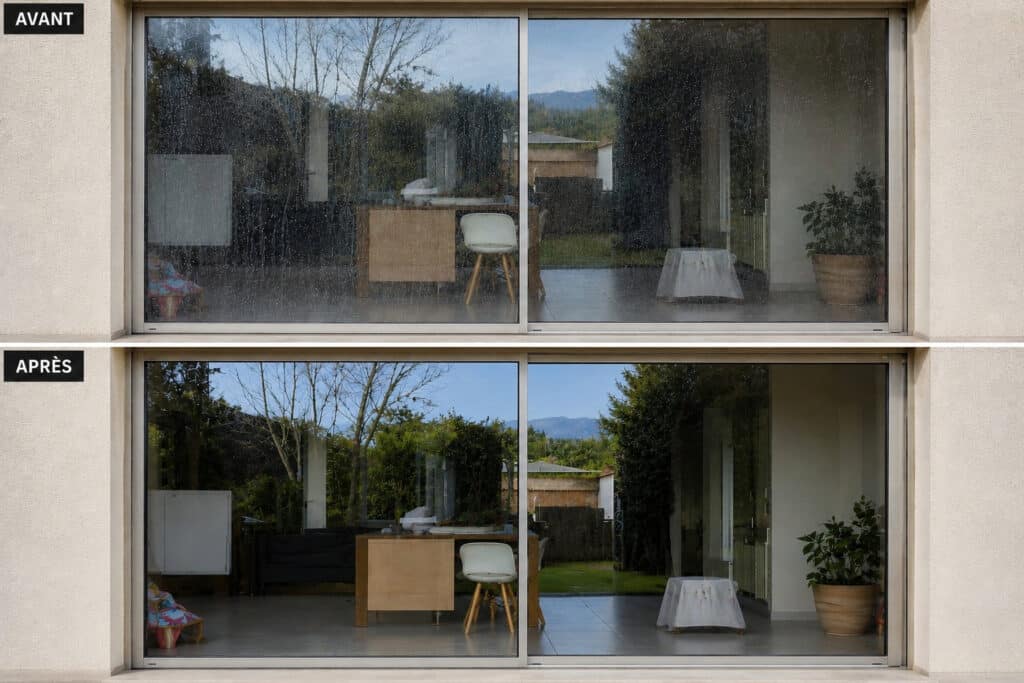 Comparaison avant après d’une baie vitrée nettoyée avec suppression des traces de pluie et calcaire