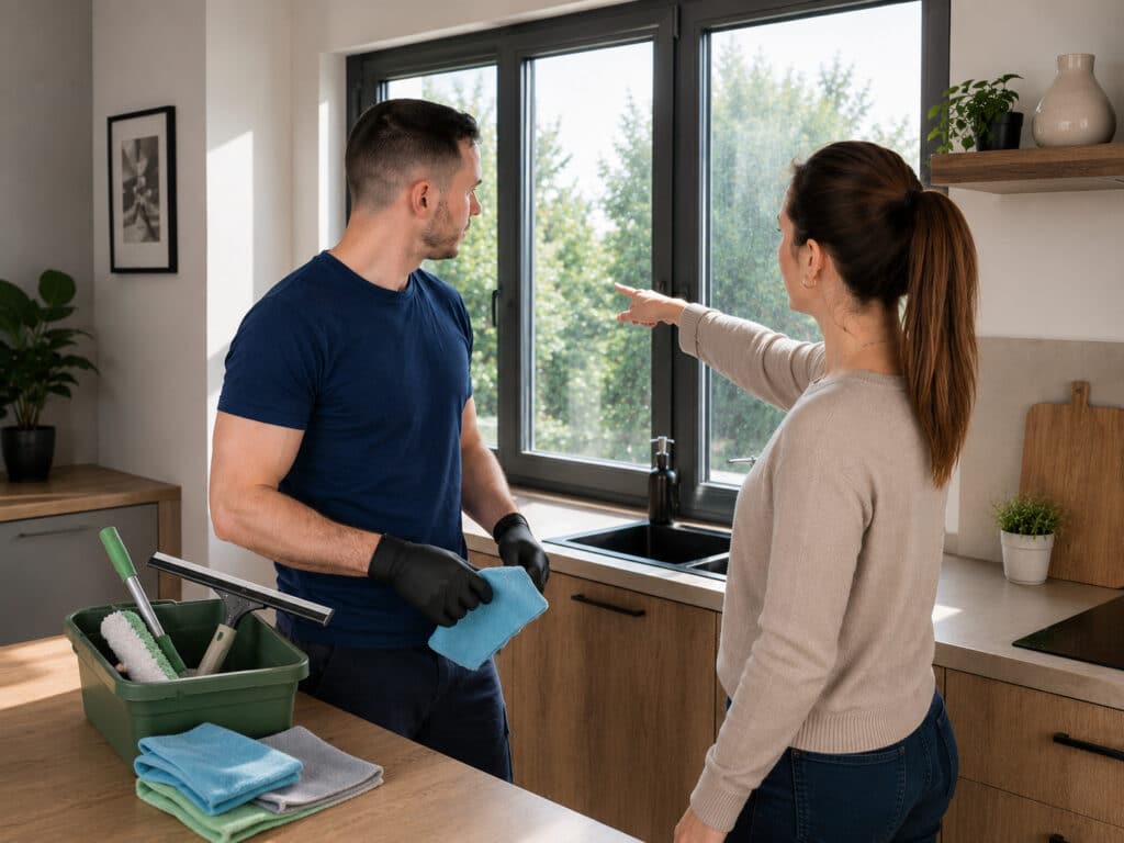 Client indiquant une baie vitrée à nettoyer pendant une intervention de ménage personnalisée à domicile