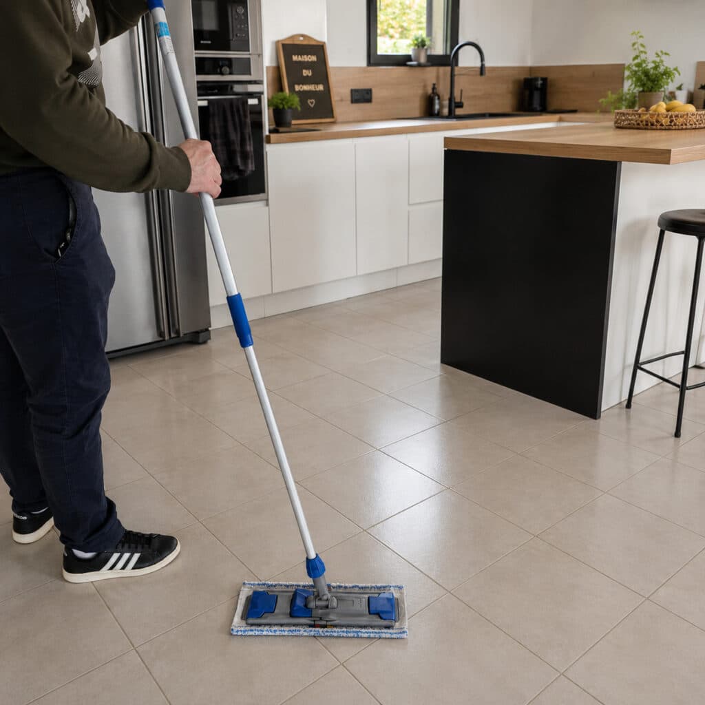Agent d’entretien passant une serpillière microfibre sur un carrelage de cuisine contemporaine