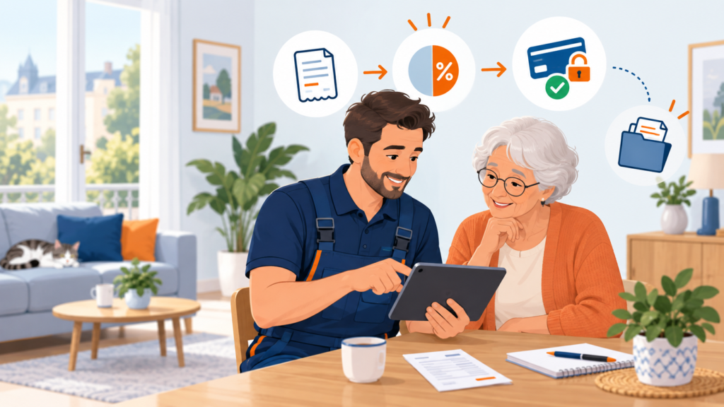 Illustration d’un intervenant ECR accompagnant une cliente senior pour comprendre l’Avance immédiate du crédit d’impôt
