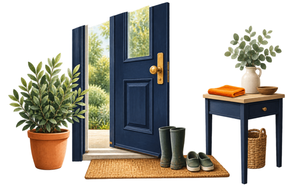 Illustration d’une entrée ouverte sur le jardin, avec bottes, paillasson et console bleu marine.