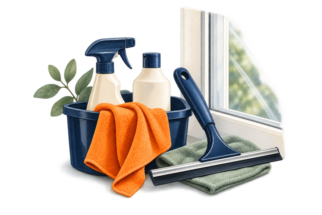 Illustration de matériel pour le grand nettoyage et les vitres : raclette, panier bleu et microfibre orange.