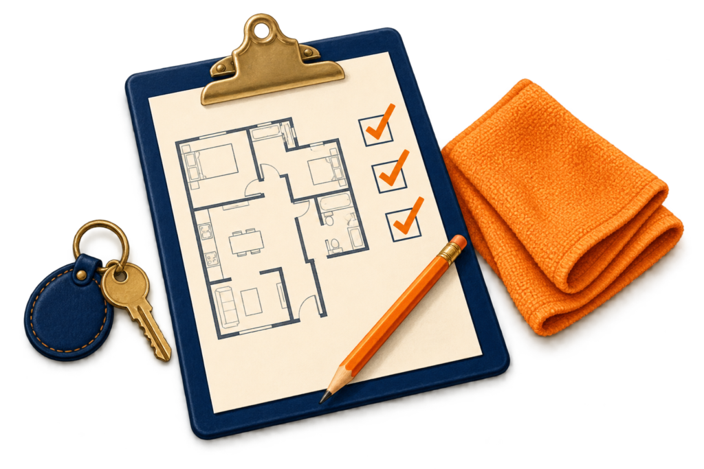 Illustration d’un plan de logement sur un porte-documents, avec des clés et une microfibre orange.