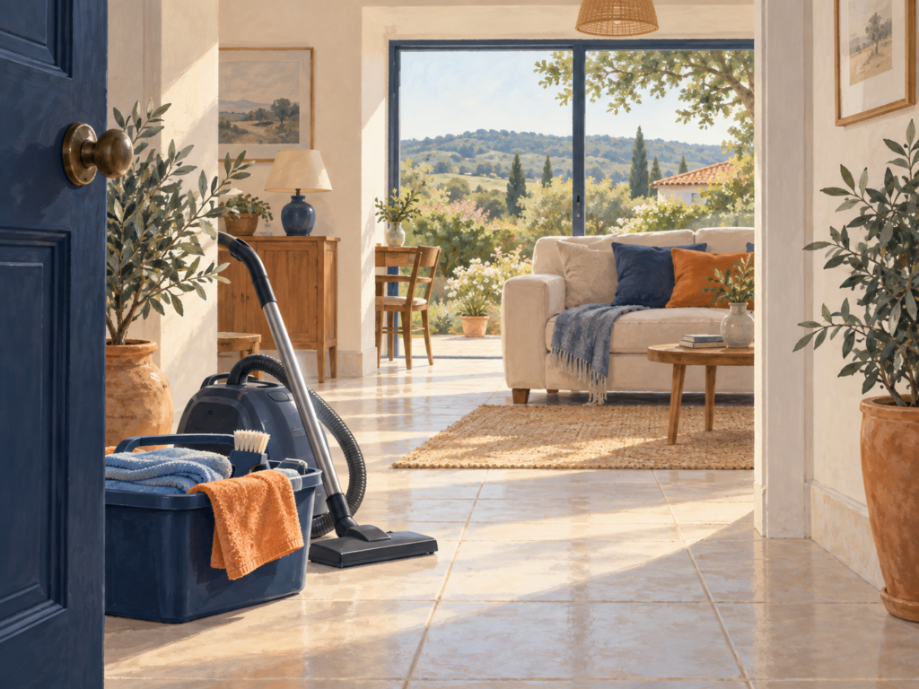 Illustration d’un salon ouvert sur un jardin, avec un aspirateur et des microfibres au premier plan.