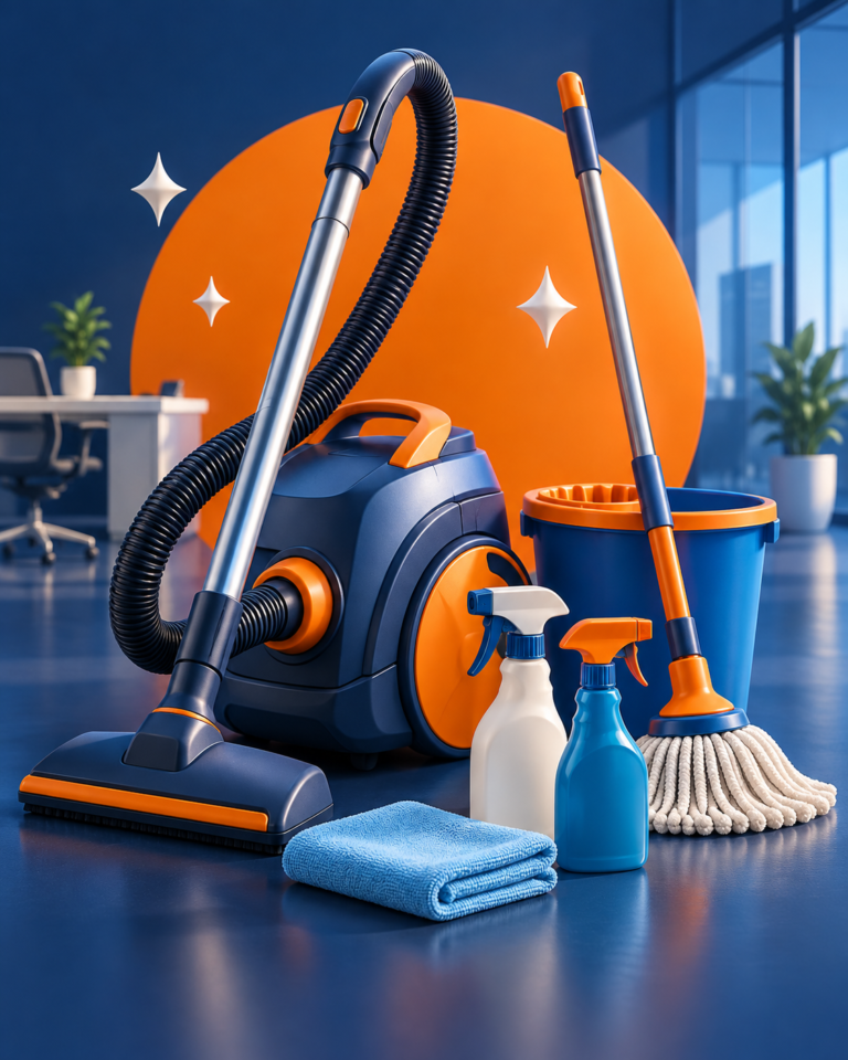 Illustration de matériel de nettoyage professionnel aux couleurs bleu et orange ECR