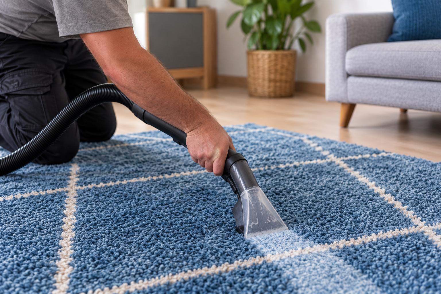 Nettoyage d’un tapis dans un salon
